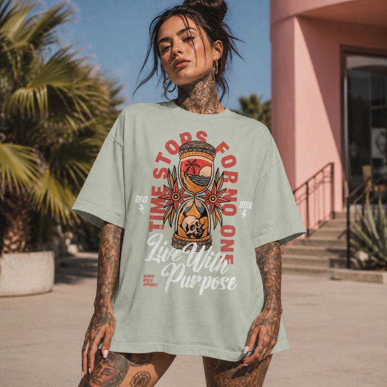 Comfort Colors® Live With Purpose Tattoo Style Graphic Tee, Inspirational Streetwear Top, Boho Graphic Tee for Women