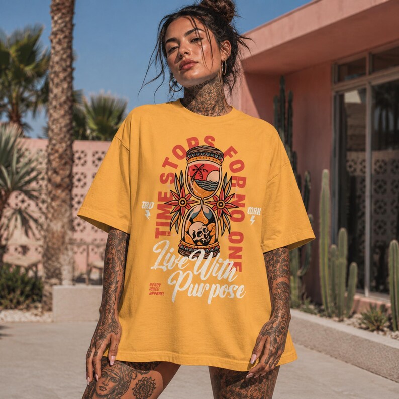 Comfort Colors® Live With Purpose Tattoo Style Graphic Tee, Inspirational Streetwear Top, Boho Graphic Tee for Women