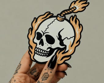 Pegatina de calavera en llamas, calcomanía de vinilo estilo tatuaje tradicional, pegatina de esqueleto moderna para portátil, calcomanía impermeable genial para botella de agua