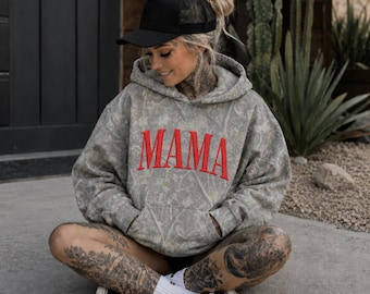 Embroidered Camo Mama Hoodie, Trendy Streetwear Hoodie, Tattoo Style Graphic Pullover, Country Mama Gift, Cozy Unisex Hoodie