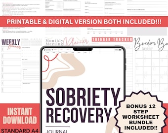 Sobriety Journal Planner | Recovery Tracker, 12-Step Worksheets (Digital Download)