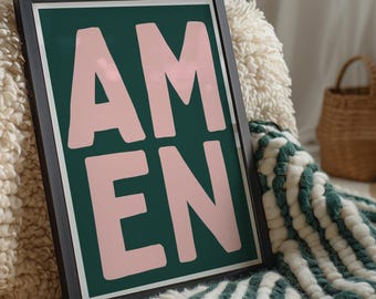 AMEN Posterdruck, rosa und grüne Wandkunst, modernes christliches Dekor, mutige typografische Kunst, Schriftwandbehang