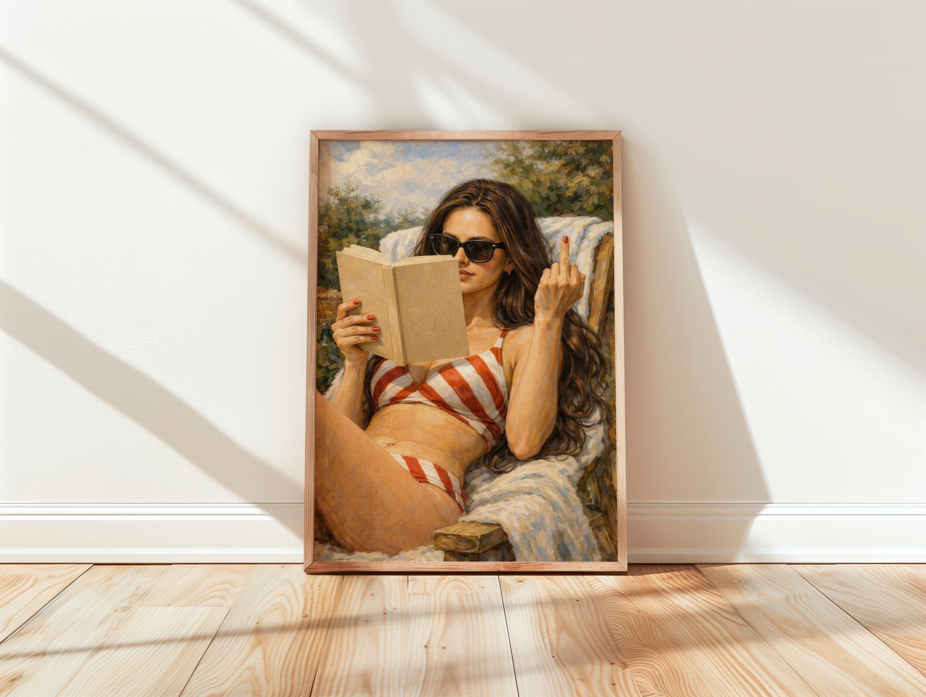 Discover Moody Woman Reading Vintage Oil Painting Poster with Red Stripe Bikini Wall Art