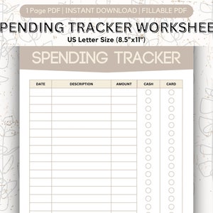Spending Tracker, Budget Worksheet, Expense Log, Expense Tracker, Finance Worksheet, Printable Spending Log, Digital Download, Fillable PDF