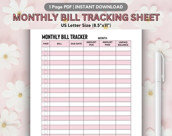 Maandelijkse factuurbetalingstracker, onkostenlogboek, afdrukbare onkostentracker, instant download onkostentracker, invulbare factuurbetalingstracker, log