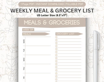 Wekelijkse maaltijdplanner met boodschappenlijst, voedselplanner, wekelijks menuplan, voedseltracker, wekelijkse voedselzuivel, afdrukbaar, digitaal, invulbaar