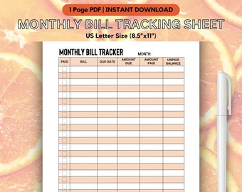 Maandelijkse factuurbetalingstracker, onkostenlogboek, afdrukbare onkostentracker, instant download onkostentracker, invulbare factuurbetalingstracker, log