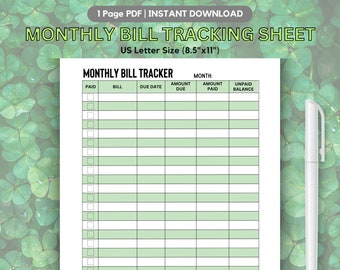 Maandelijkse factuurbetalingstracker, onkostenlogboek, afdrukbare onkostentracker, instant download onkostentracker, invulbare factuurbetalingstracker, log