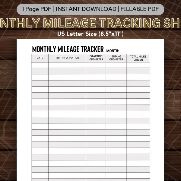 Monthly Mileage Tracker, Mileage Log, Business or Personal Miles, Instant Download Mileage Tracker, Fillable Mileage Tracker, Mileage Log