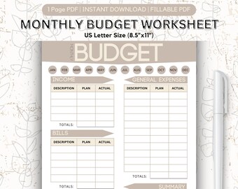 Maandelijkse budgetplanner, maandelijks budgetwerkblad, maandelijks budgetlogboek, maandelijks budget direct downloaden, maandelijks budget invulbaar logboekwerkblad