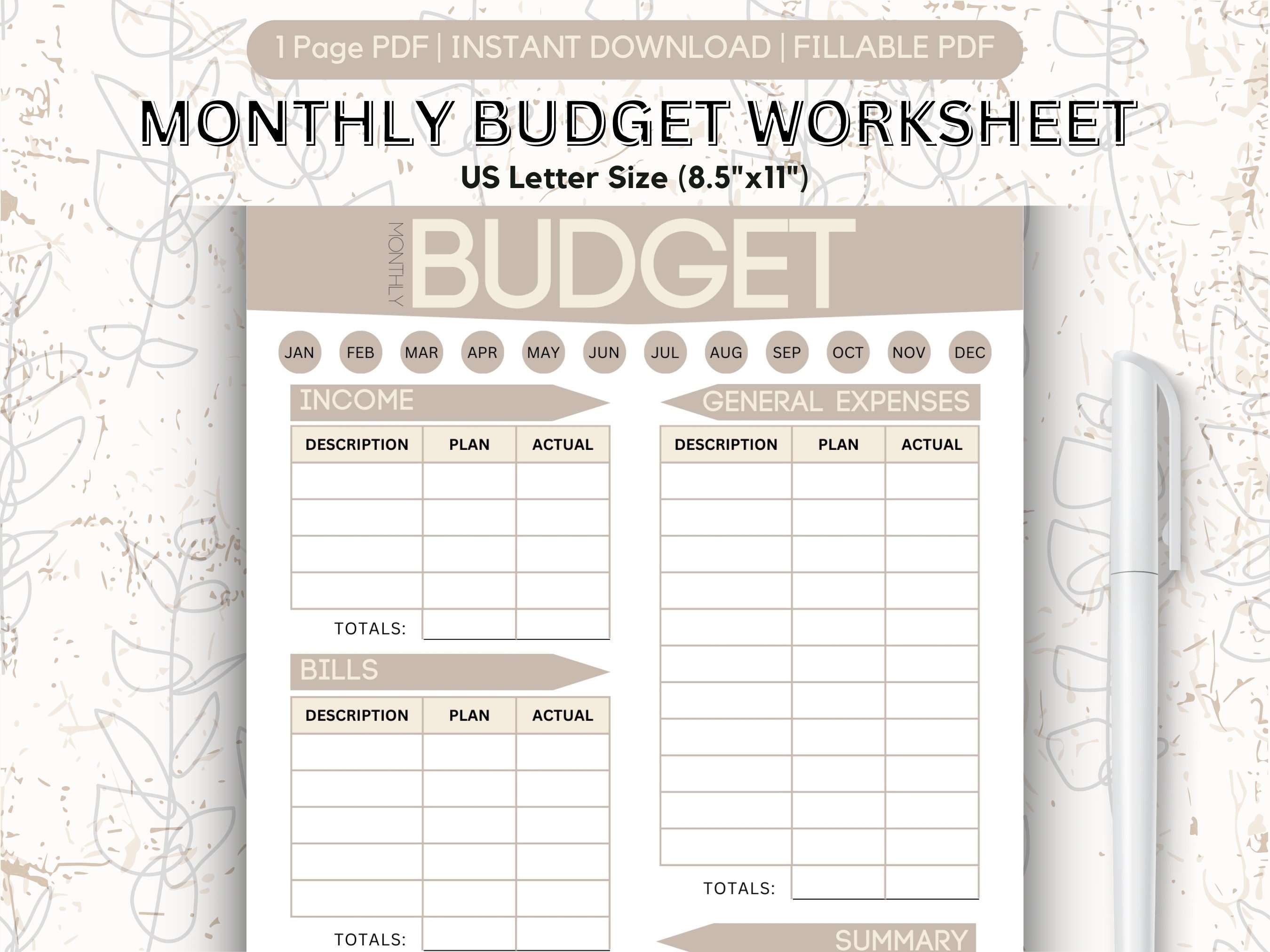 Sample Budget Fillable Monthly Budget Planner, Monthly Budget Worksheet, Monthly Budget Log ...