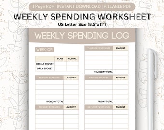 Werkblad voor wekelijkse uitgaven, wekelijkse begroting, wekelijks onkostenlogboek, begroting, begrotingssjabloon, uitgavensjabloon, instant digitale download, invulbaar