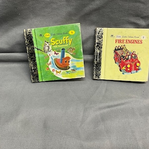Vintage Scuffy the Tugboat Little Golden book miniature and Vintage Fire Engines Little Golden book miniature