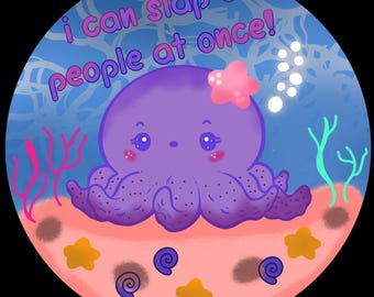 May include: A purple octopus with a pink star on its head, surrounded by coral and seashells. The octopus has a cute face and is smiling. The text "i can slap 8 people at once!" is written above the octopus. The text "@pinkinkbyq" is written below the octopus.