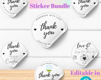 Bundel-6 bewerkbare bedankstickers | Stickersjabloon voor kleine bedrijven | Afdrukbare dank u verzendlabels | Stickeretiketten voor verpakkingen