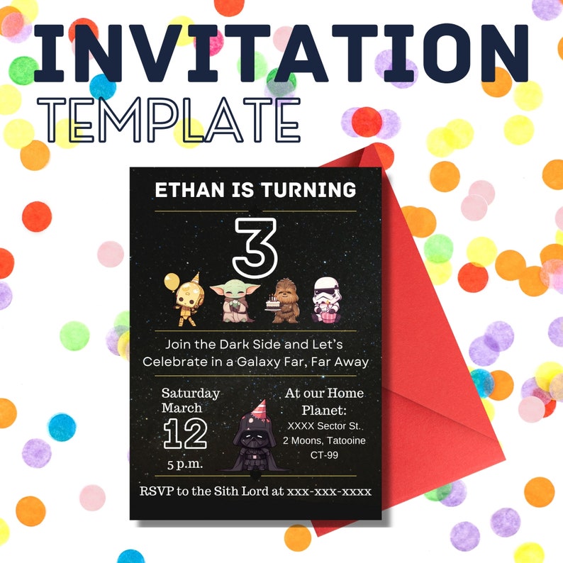 Editable Star Wars Birthday Invitation Template With Thank You Card ...