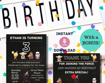 Editable Star Wars Birthday Invitation Template with Thank You Card, Printable Star Wars Kids Birthday Party Invite and Thank You Template