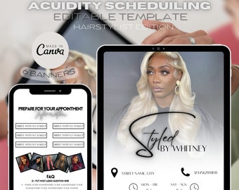 May include: A digital template for hairstylists, featuring a phone and tablet displaying promotional content. The design includes the text "Styled by Whitney," appointment information, and social media icons. The template is editable in Canva and includes six banners.