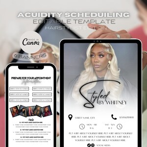 May include: A digital template for hairstylists, featuring a phone and tablet displaying promotional content. The design includes the text "Styled by Whitney," appointment information, and social media icons. The template is editable in Canva and includes six banners.