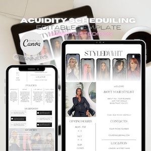 Könnte beinhalten: Eine digitale Vorlage für eine Terminplanungs-App für Friseure. Die Vorlage enthält eine Willkommensnachricht, Kontaktinformationen, Öffnungszeiten und einen Bereich für Bewertungen. Die Vorlage ist für die Verwendung auf einem mobilen Gerät konzipiert.