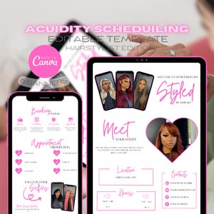 May include: Six pink and white banners for a hairstylist's booking site. The banners include information about booking appointments, preparation, and contact information. The text on the banners reads "Booking Hours", "Appointment Preparation", "Tag Us In Your Selfies", "Meet Your Stylist", "Location", "Hours", and "Contacts".
