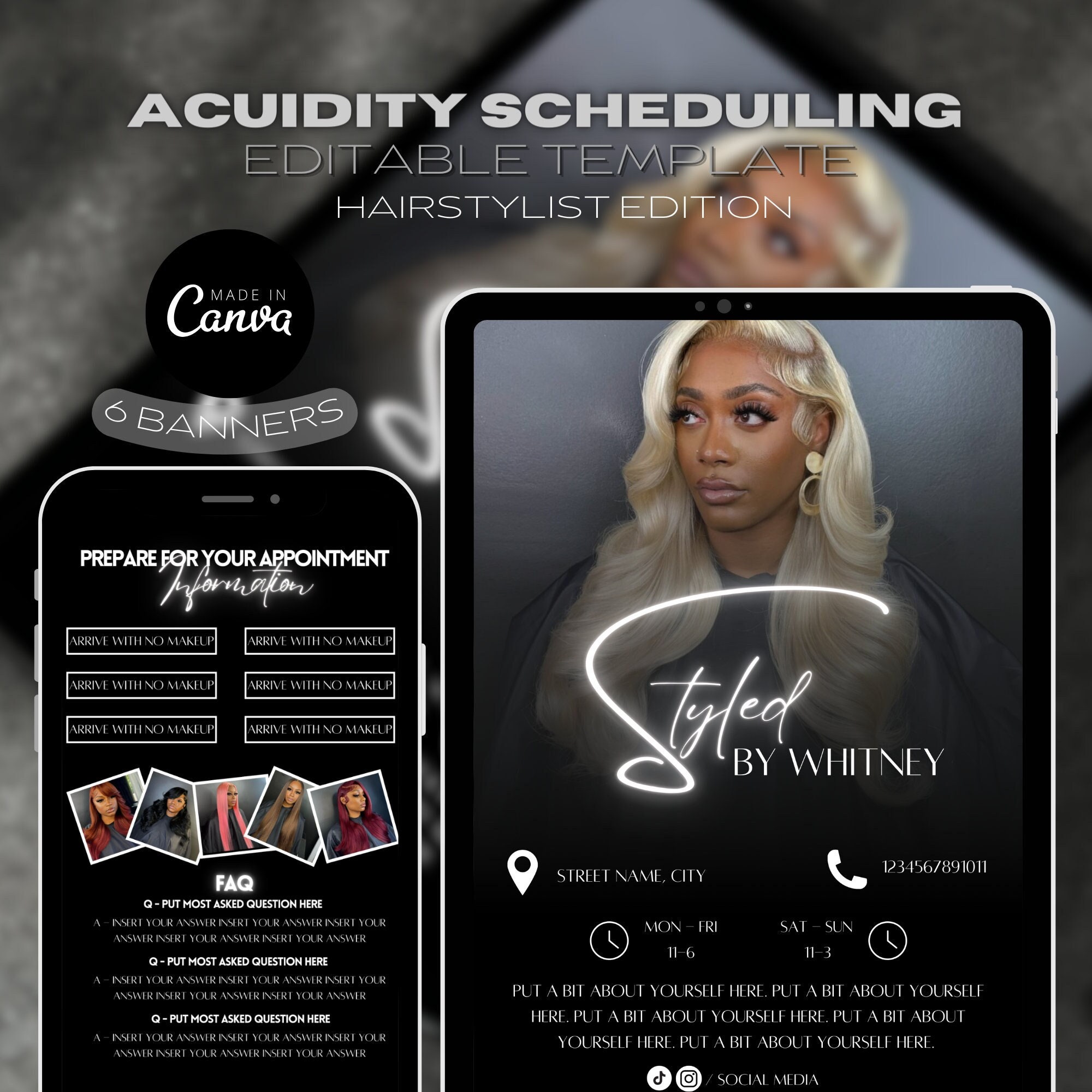 Hair Stylist, Lash Tech Acuity Scheduling Template Black | Editable ...