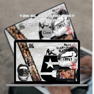 Puede incluir: Una pantalla de portátil muestra una plantilla de fondo de pantalla Y2K en blanco y negro. El diseño incluye una tira de película con fotos, una silueta con una pistola y elementos de texto gráficos. El logotipo de Canva es visible.