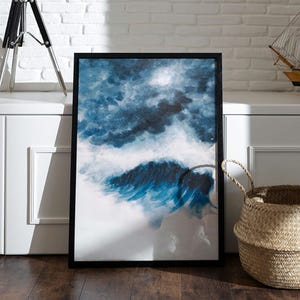 La Vague / aquarelle paysage marin / mer au clair de lune / giclée - Impression fine art / cadre pour décoration intérieur couleur froide
