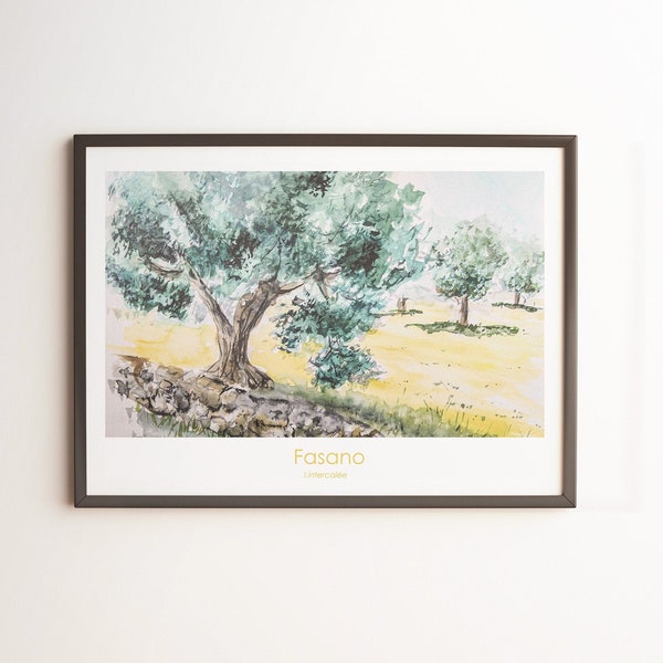 Peinture aquarelle, oeuvre art imprimable, paysage oliviers, voyage Fasano Pouilles Italie, fichier numérique impression affiche carte