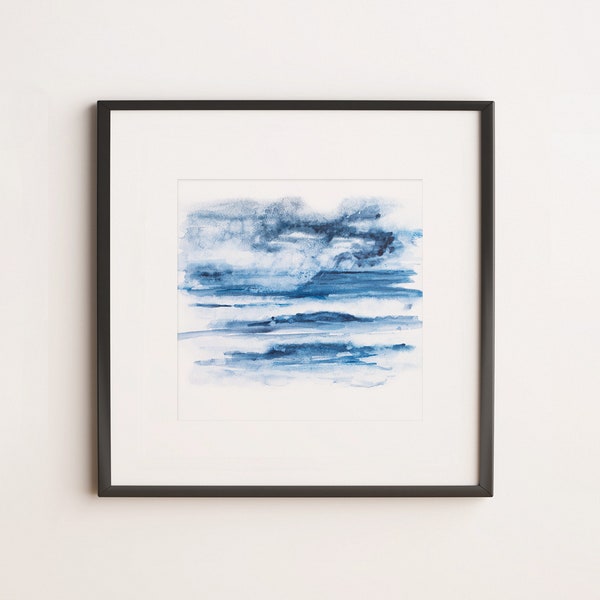 Impression art mer houleuse, aquarelle paysage marin inspirant, Oeuvre d'art pour décoration intérieure maison à thème maritime bleu gris