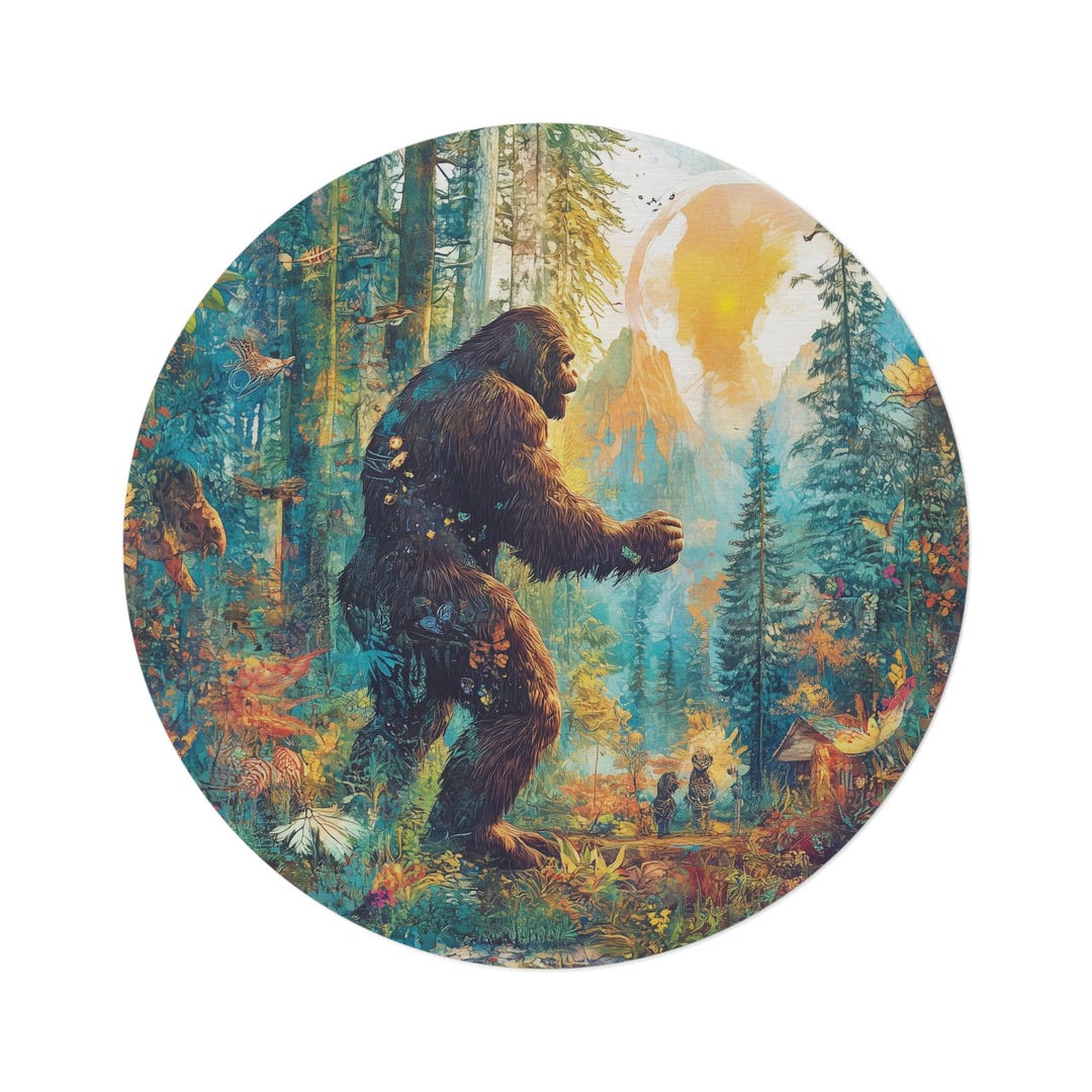 Round Rug for Bigfoot Fans, Funky Sasquatch Area Rug, Colorful Yeti ...