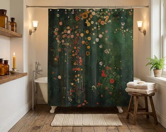 Gustav Klimt Inspired Woodland Green Shower Curtain, Long Floral Botanical Boho Bathroom Décor, Funky, Colorful and Unique Shower Décor