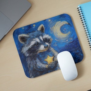 May include: A cute raccoon holding a yellow star in its paws, painted in a whimsical style against a blue starry night background with a crescent moon.