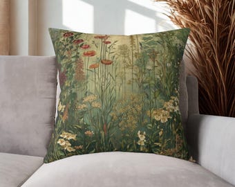 Cojín decorativo inspirado en Gustav Klimt, cuadrado, de lona polivinílica, con diseño de bosque, botánico, verde, floral, bohemio y con relleno.