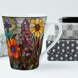 Stained Glass Style Latte Mug, 12 OZ, Floral Coffee Cup, Gift for Garden Lovers, Artistic Coffee Mug, Mom Gift, Birthday Gift for Her