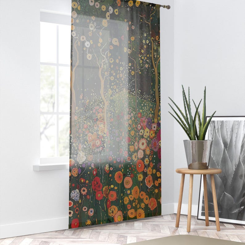 Sheer Window Curtain (1 Panel), 4" Rod Pocket, 1 Sided Print, 50" x 84", Gustav Klimt Inspired, Woodland Floral Botanical Living Room Drapes image 10