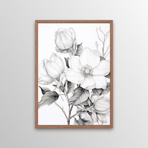 May include: A black and white illustration of a bouquet of flowers with delicate petals and leaves. The flowers are drawn in a realistic style, with intricate details.