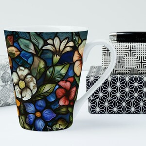 Stained Glass Style Latte Mug, 12 OZ, Floral Coffee Cup, Gift for Garden Lovers, Artistic Coffee Mug, Mom Gift, Birthday Gift for Her