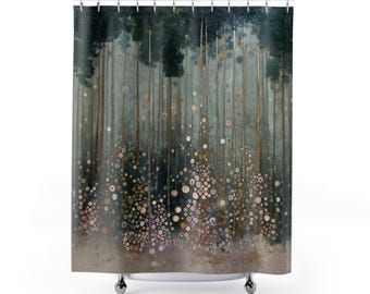 Cortina de ducha inspirada en Gustav Klimt con diseño de bosque, larga, floral, botánica, estilo bohemio, para baño, moderna, colorida y única.