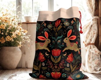 Gift Bag, Scandinavian Botanical Folk Art Christmas Gift Bag, Colorful Holiday Bag, Unique Festive Party Favor Bag, Large Nature Santa Sack
