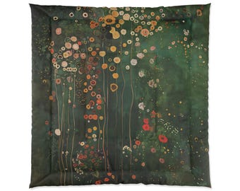May include: Comforter featuring a floral design with a dark green background. The artwork showcases a variety of flowers in shades of orange, yellow, and white. The comforter has a square shape and a soft, quilted appearance.