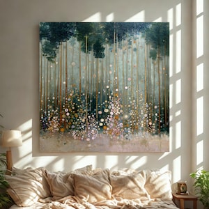 Floral Matte Canvas, Stretched 0.75" (Multi-Size), Gustav Klimt Inspired Art Print on Canvas, Modern Abstract Botanical Forest Wall Art