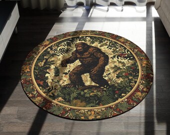 Round Rug for Bigfoot Fans, Funky Sasquatch Area Rug, Colorful Yeti Décor, Cryptid Camper Gift, Unique 60" Round Rug, Yeti Pattern Rug