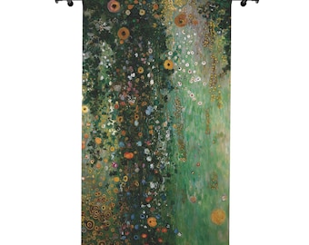 May include: A decorative curtain featuring a vibrant floral design with a dark green background. The artwork showcases a variety of colorful flowers and golden accents, mounted on a black rod.