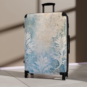 Tropical Floral Blue Suitcase, Bright and Colorful Designer Luggage for Airport, Rolling Weekender Travel Bag Gift for Flight Attendant