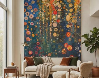 Gustav Klimt Inspired Indoor Wall Tapestries, Floral Forest Botanical Nature Large Wall Tapestry, Woodsy Wall Decor