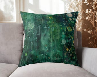 Throw Pillow, Gustav Klimt Inspired Square Poly Canvas Forest Green Botanical Floral Funky Boho Pillow w/Filling, Decorative Nature Pillow