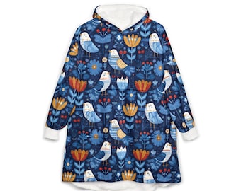 Manta con capucha unisex, manta extragrande y usable, talla única, capa con capucha cómoda para sóftbol al aire libre, estampado de pájaros escandinavos