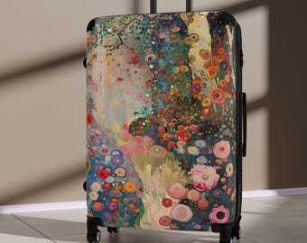 May include: A rolling suitcase with a colorful floral design. The artwork features a variety of flowers in shades of red, pink, yellow, and blue. The suitcase has a black handle and wheels.