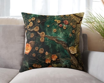 Throw Pillow, Gustav Klimt Inspired Square Poly Canvas Forest Botanical Green Floral Funky Boho Pillow w/ Filling, Decorative Nature Pillow